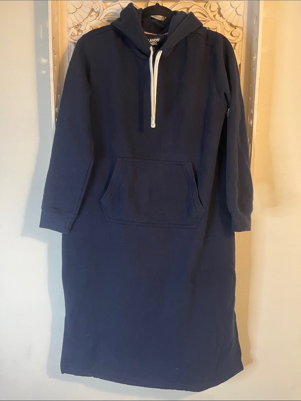 Lands' End Navy Hoodie Dress with Cream Drawstrings
